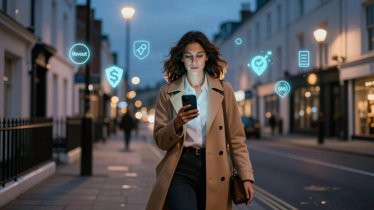 Escort walking at dusk in Brighton with subtle digital security icons floating nearby.