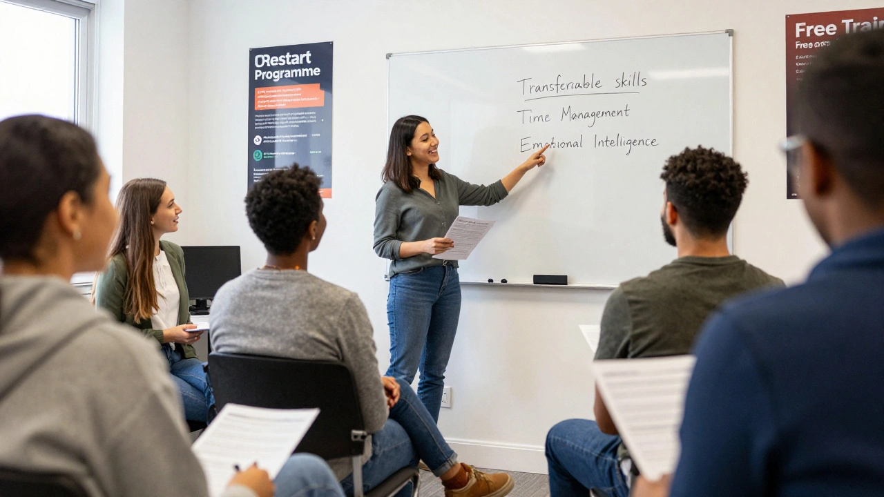 Group attending a free career workshop at Jobcentre Plus, listening to a coach list transferable skills on a whiteboard.
