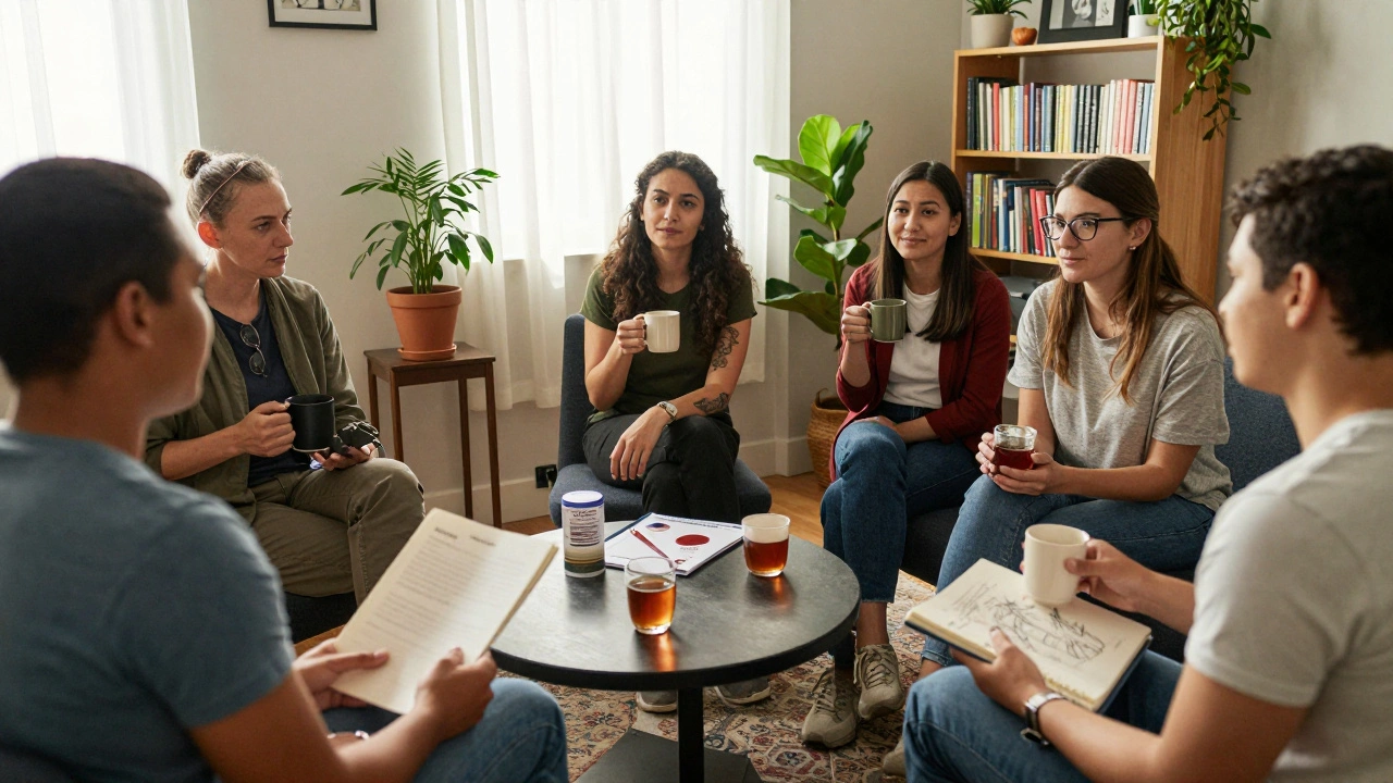 Group of people in a community room sharing stories and support while leaving sex work.