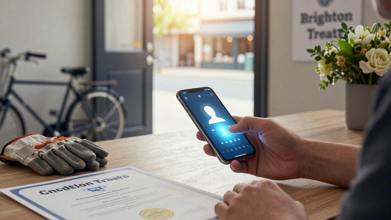 Hand deleting an online profile as a new life begins outside a bakery, symbolizing a fresh start.