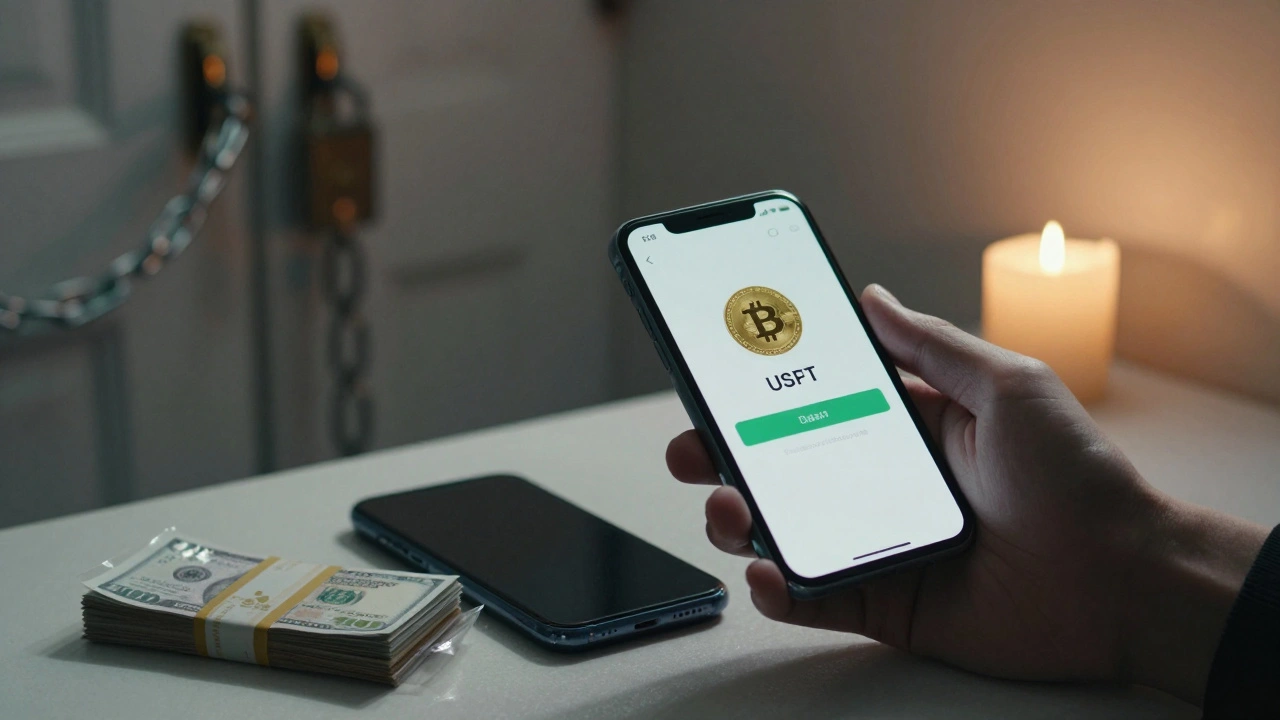 Hand holding a smartphone showing a cryptocurrency payment, next to a burner phone and cash.
