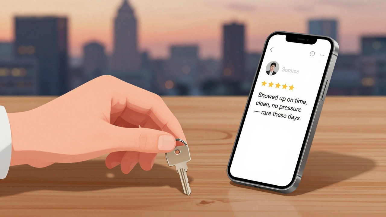 Hand placing a key next to a smartphone showing a detailed five-star review.