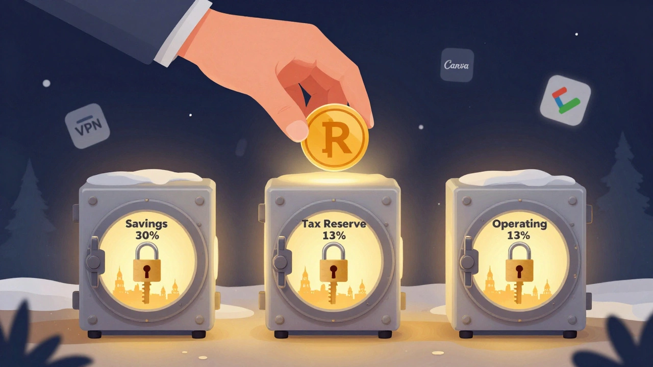 Hand transferring digital money into three labeled vaults representing savings, taxes, and operating funds in a stylized digital scene.