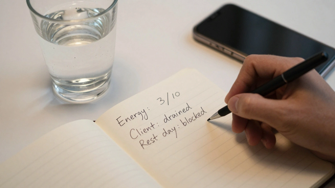 Hand writing energy levels in a notebook beside a glass of water and a turned-off phone.