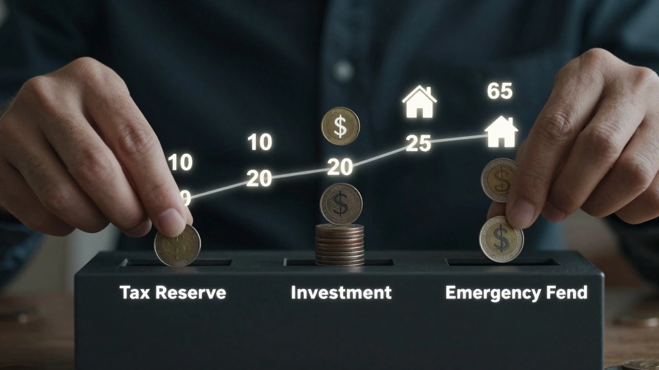 Hands depositing coins into three labeled financial buckets with a timeline in the background.