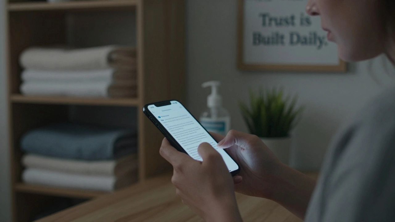 Hands typing a polite message on a smartphone in a clean, organized room with towels and a plant in the background.