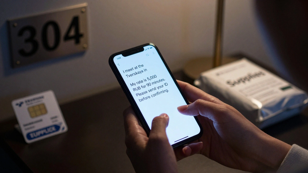 Hands typing a professional message on a phone in a hotel room, with a prepaid SIM and sealed package nearby.