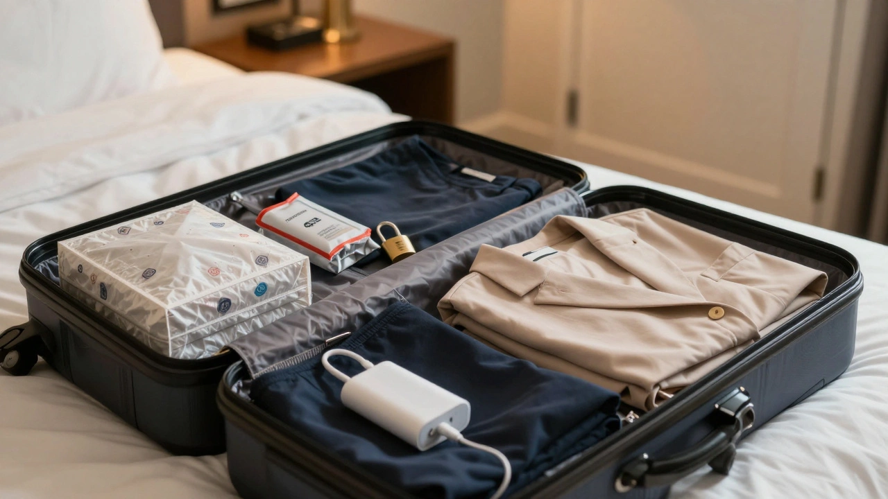 Open suitcase with organized outfits, charger, first-aid kit, and hidden money belt on hotel bed.