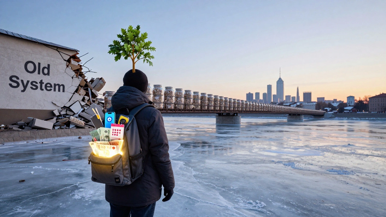 Person standing at a frozen river with a backpack of financial tools, walking toward a bridge of savings jars under a dawn sky.