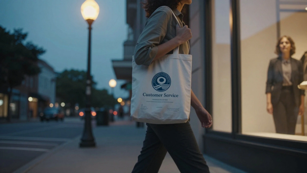 Person walking confidently down a city street at dusk, carrying a certificate tote bag, reflection showing peace and renewal.