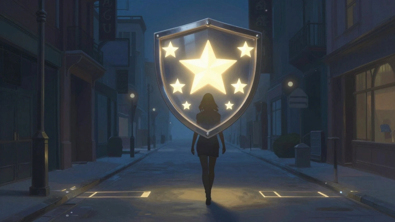 Shield formed by glowing star reviews floating above a confident woman walking at night.