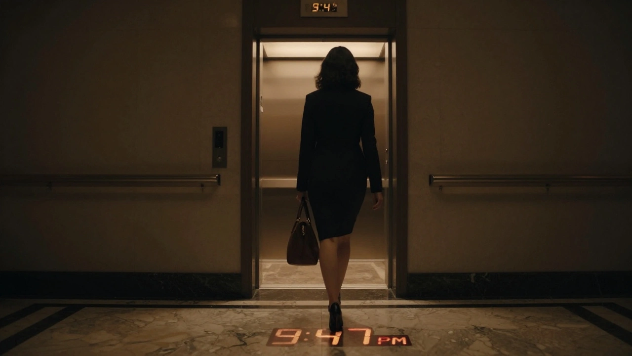 Silhouette of a woman walking calmly in a hotel lobby at night, warm ambient lighting.