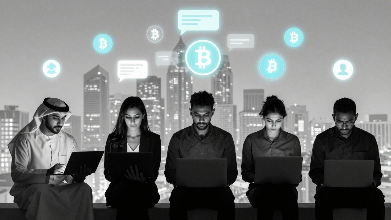 Silhouettes of diverse workers using laptops at home, digital icons floating above them.