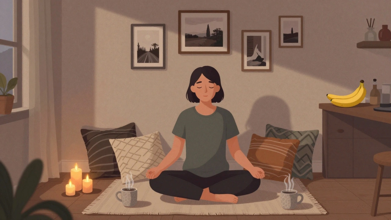 Someone practicing grounding techniques in a peaceful home setting at dusk.