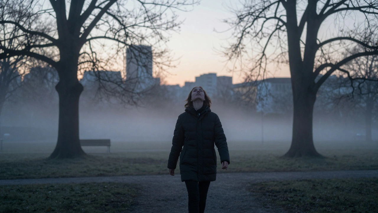 Someone walking peacefully through a misty Munich park at dawn, breathing deeply.