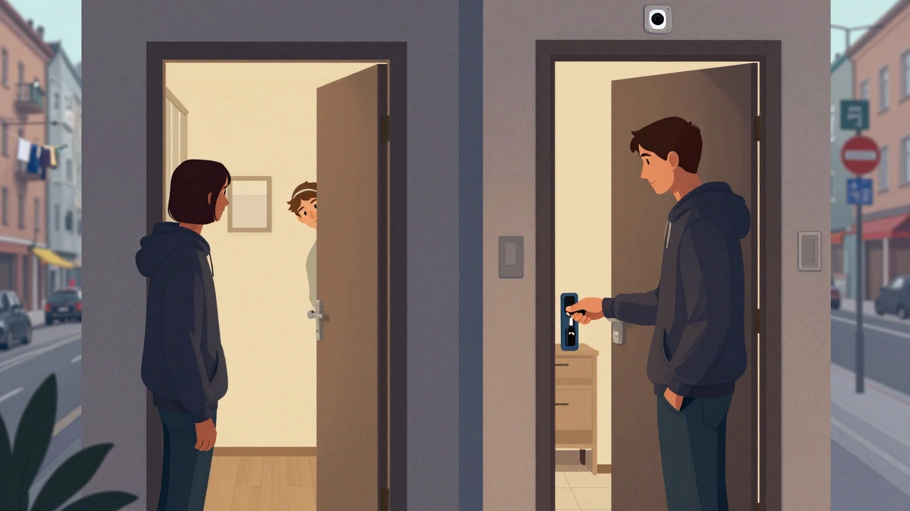 Split image: risky home work vs. safe rented space in Munich, symbolic contrast of environments.