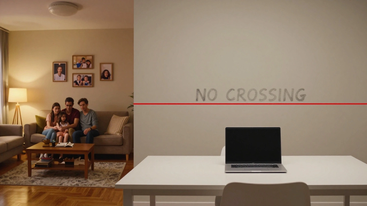 Split image: warm home life vs. sterile work space, separated by a hidden boundary.