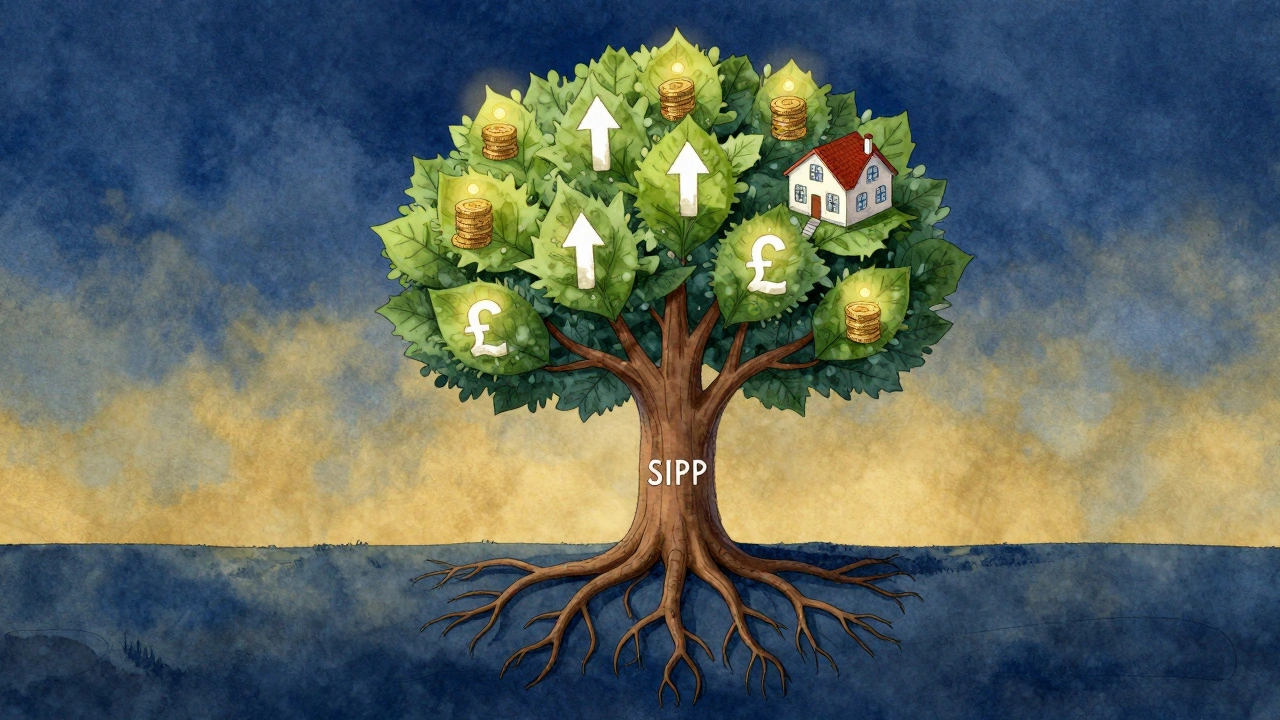 Symbolic tree with pound symbol roots and growing branches representing long-term investment growth.