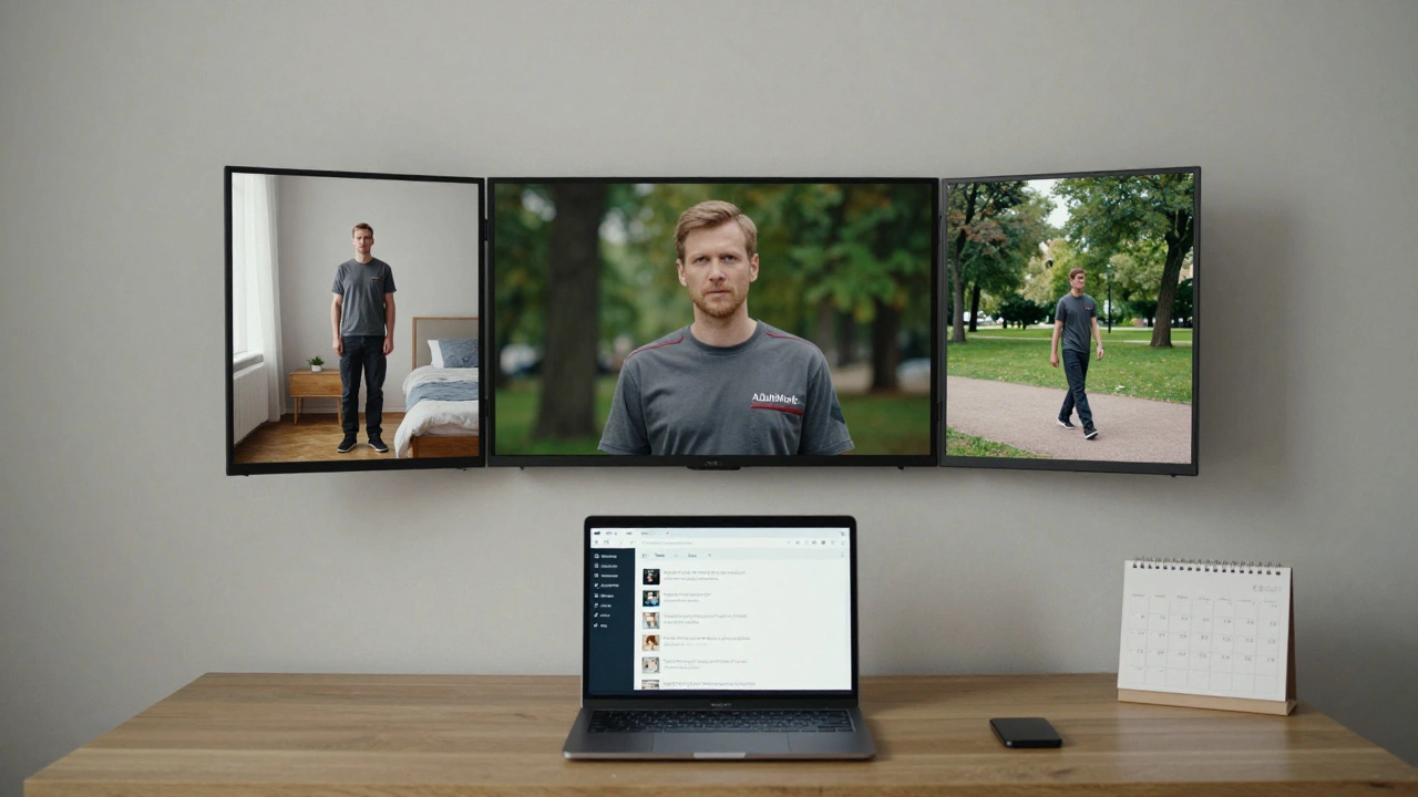 Three authentic photos displayed on a monitor in a Moscow apartment, showing real poses with no filters, beside a calendar and laptop.