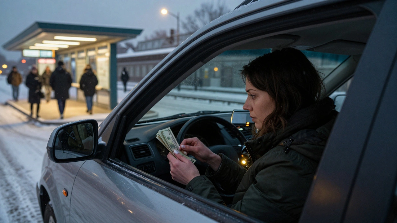 Woman counting cash in car near metro station at dusk, power bank and flashlight on seat.