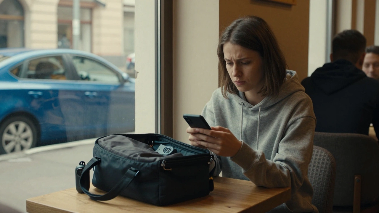 Woman in Moscow café with hidden GPS tracker, man in blue car watching outside.