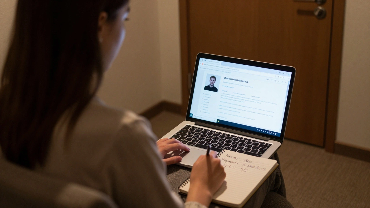 Woman reviewing a client&#039;s AdultWork profile and taking notes in a hotel room.