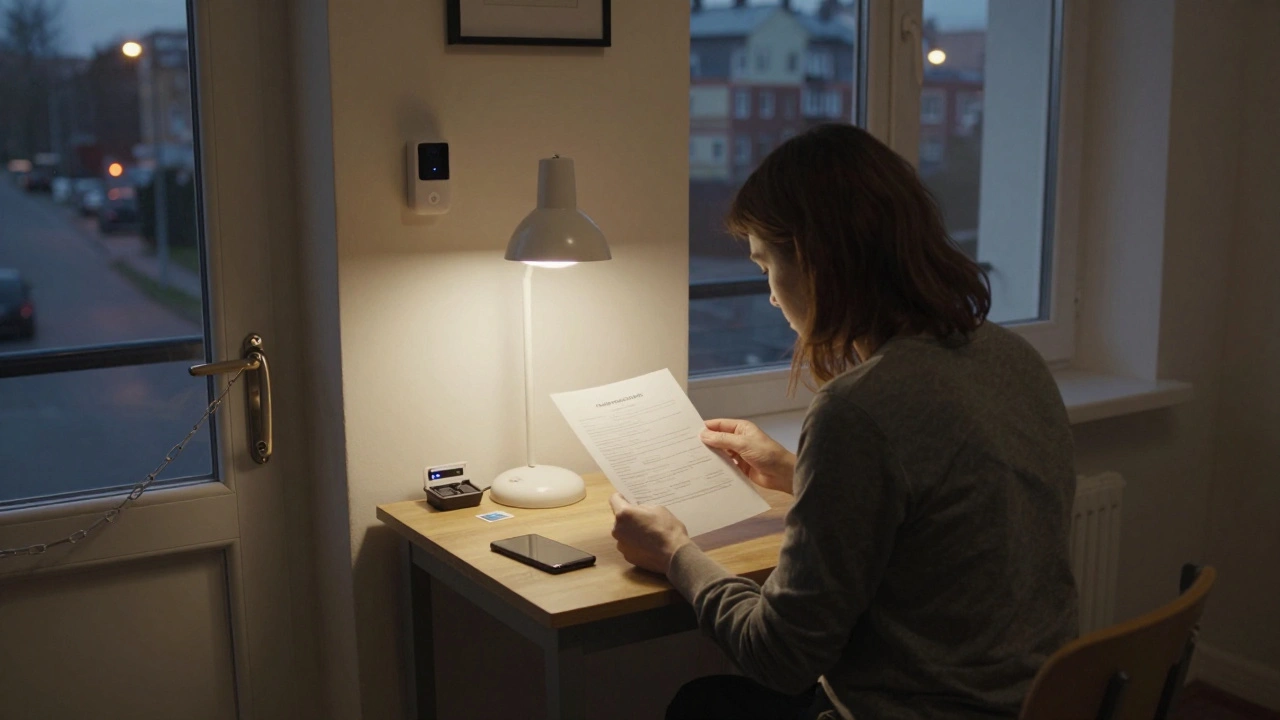 Woman reviewing a rental contract in a quiet Moscow studio, with smart doorbell and backup phone on table.