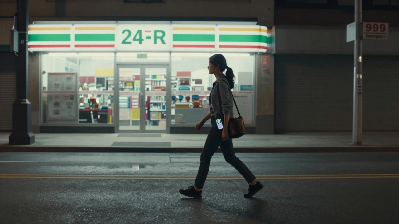 Woman walking at night with personal alarm, heading toward 24-hour store under streetlights.