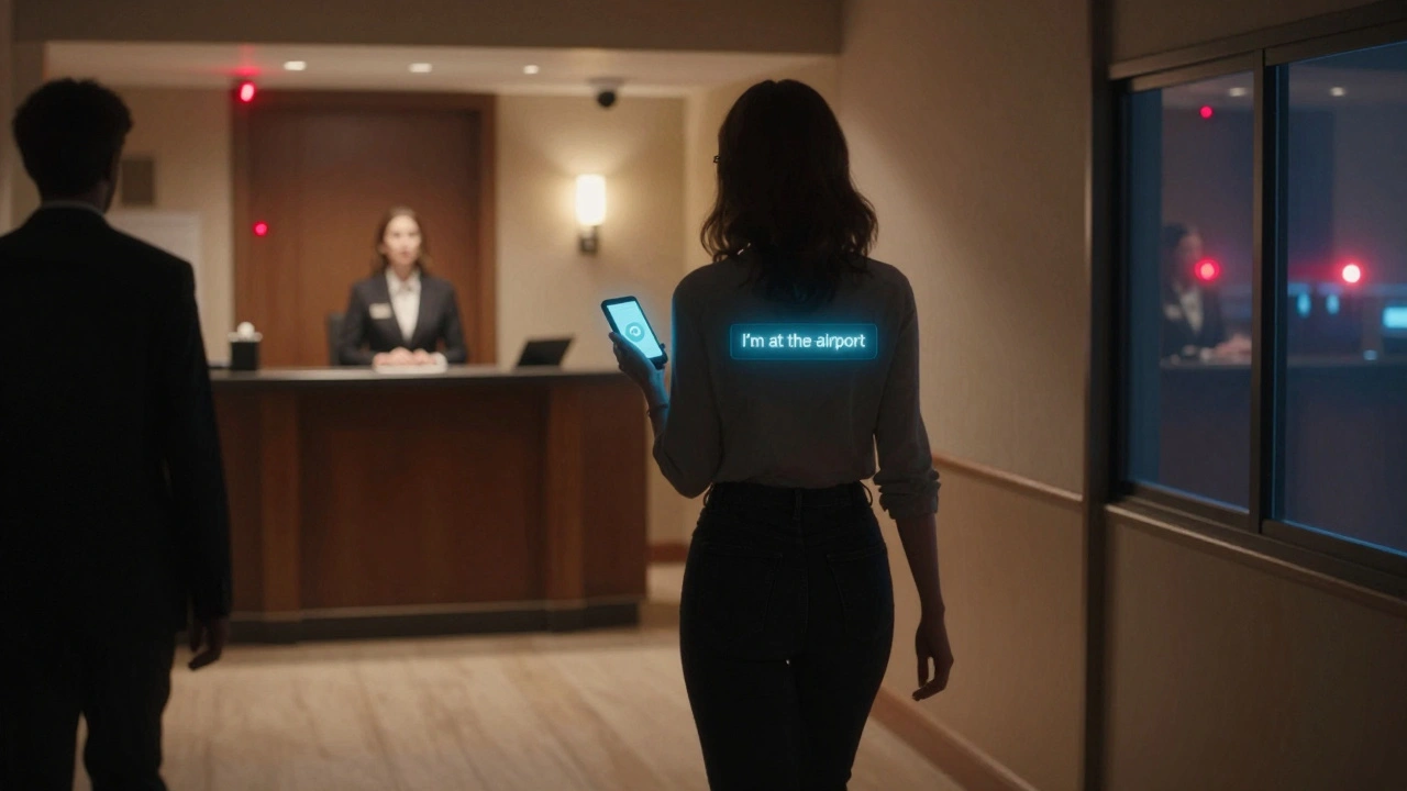 Woman walking away from a shadowy figure in hotel corridor, phone showing safe message.