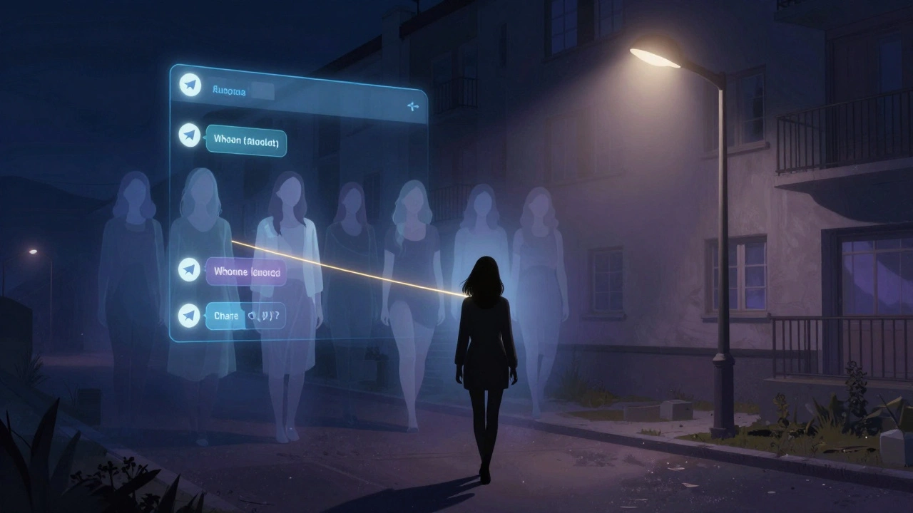 Woman walking away from building as ghostly figures of other women appear in glowing chat interface.