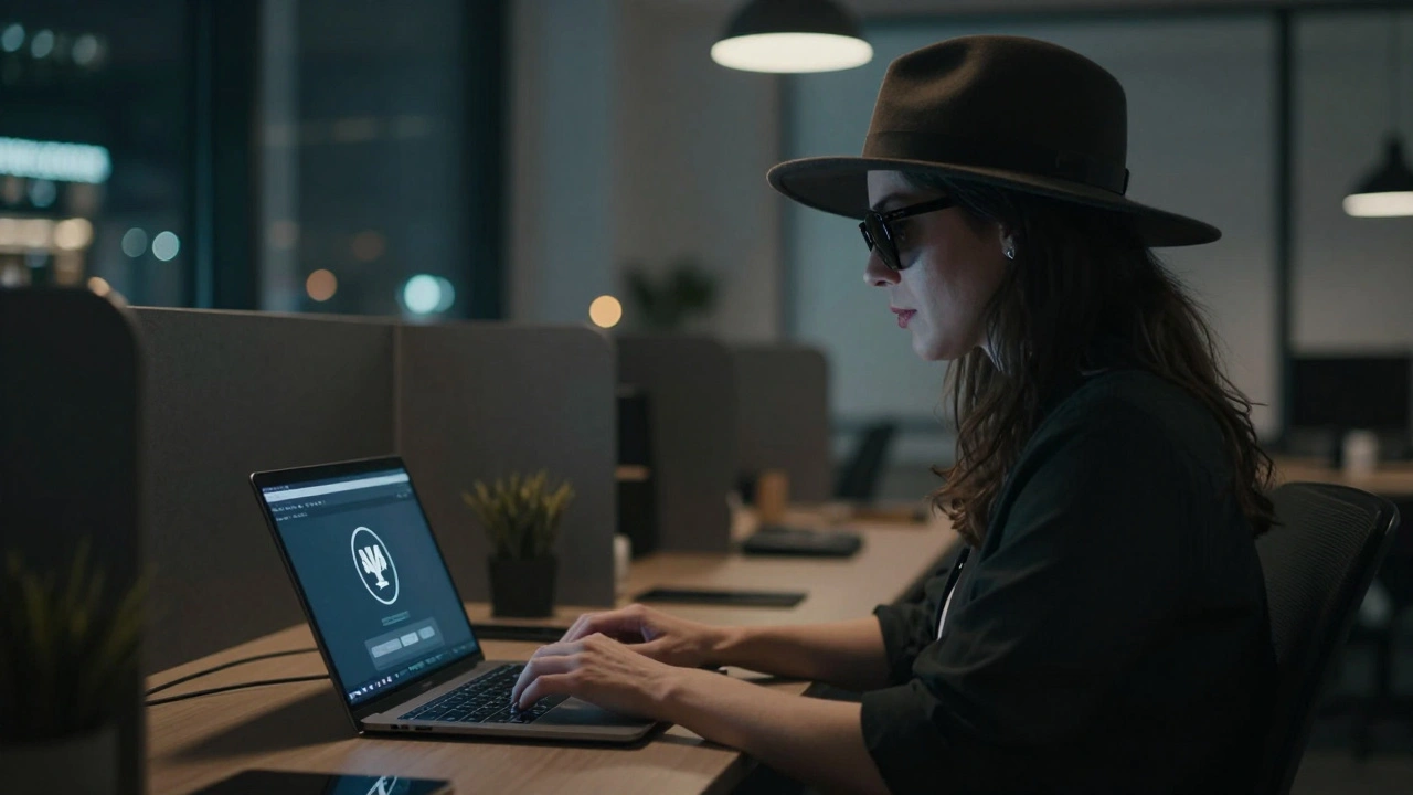 Woman working anonymously in co-working space with VPN and Monero wallet on screen.