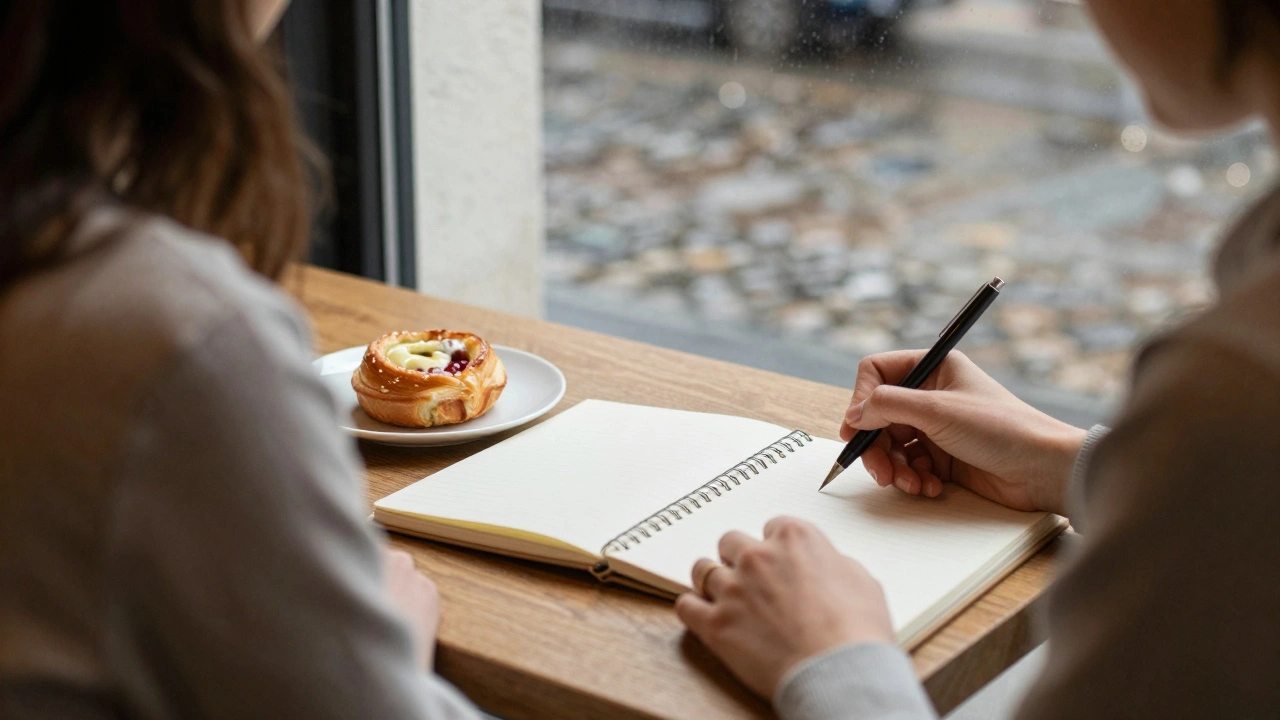 Woman writing in a quiet Munich café with pastry and rain outside.