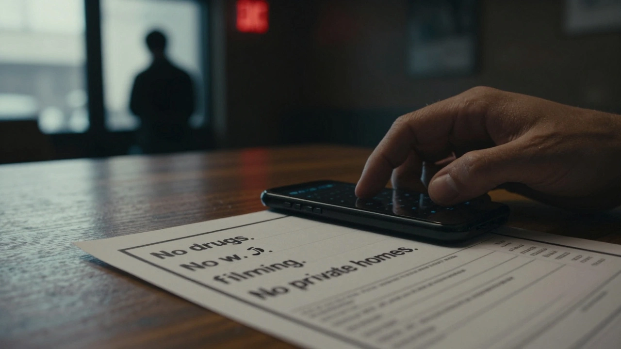 A booking form with clear boundaries on a table, a shadowy figure outside, and a glowing exit sign.