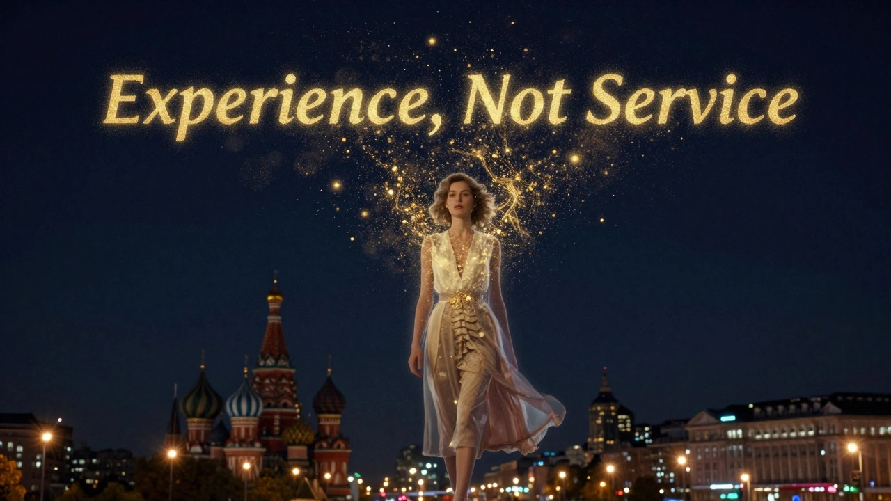 A glowing portrait dissolving into golden particles forming the concept 'Experience, Not Service' above Moscow's night skyline.