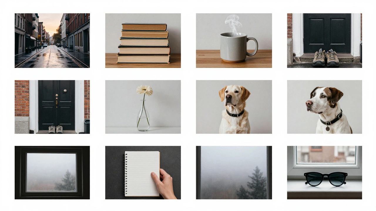 A grid of nine minimalist lifestyle images: books, coffee, rain, shoes, no people or logos.