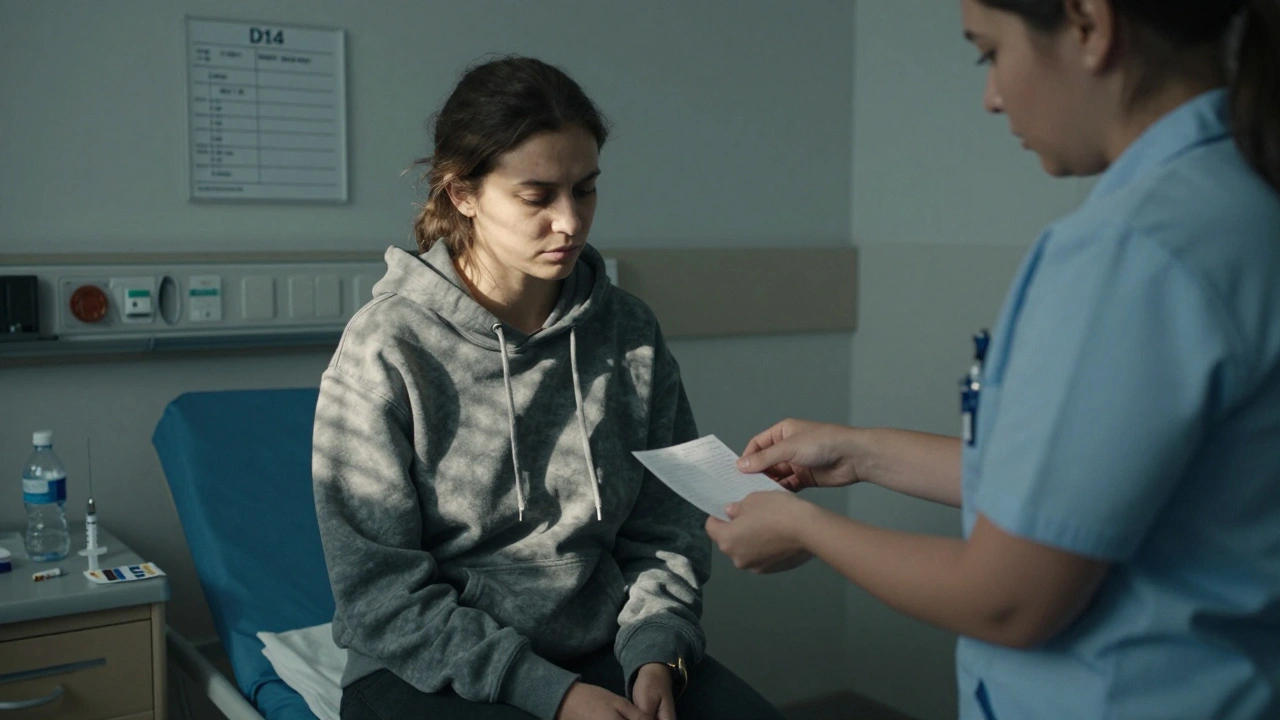 A nurse quietly accepting a note from a woman on a hospital exam table, medical chart labeled 'D14' visible.