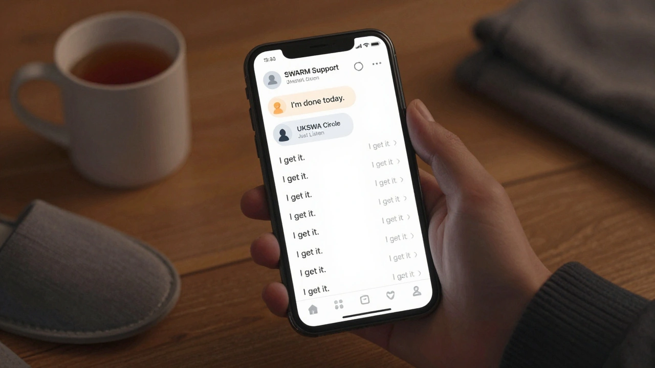 A phone showing a supportive group message with 'I'm done today' and many replies.