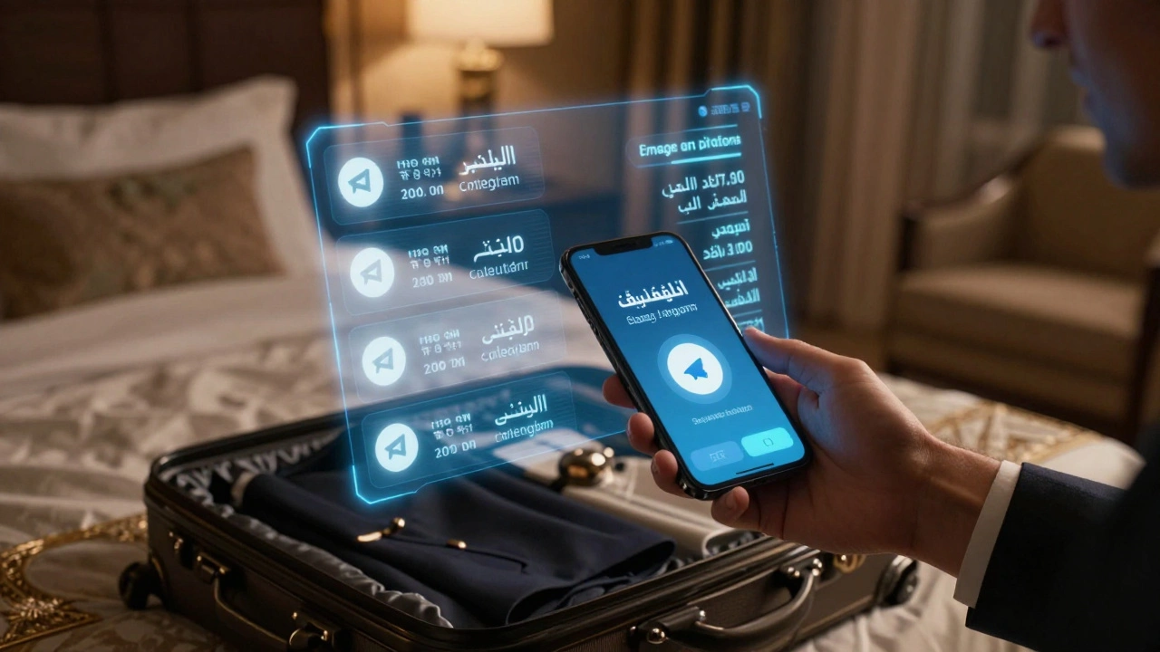 A private Telegram chat on a phone in a hotel room, cryptocurrency payment confirmed, discreet and secure.