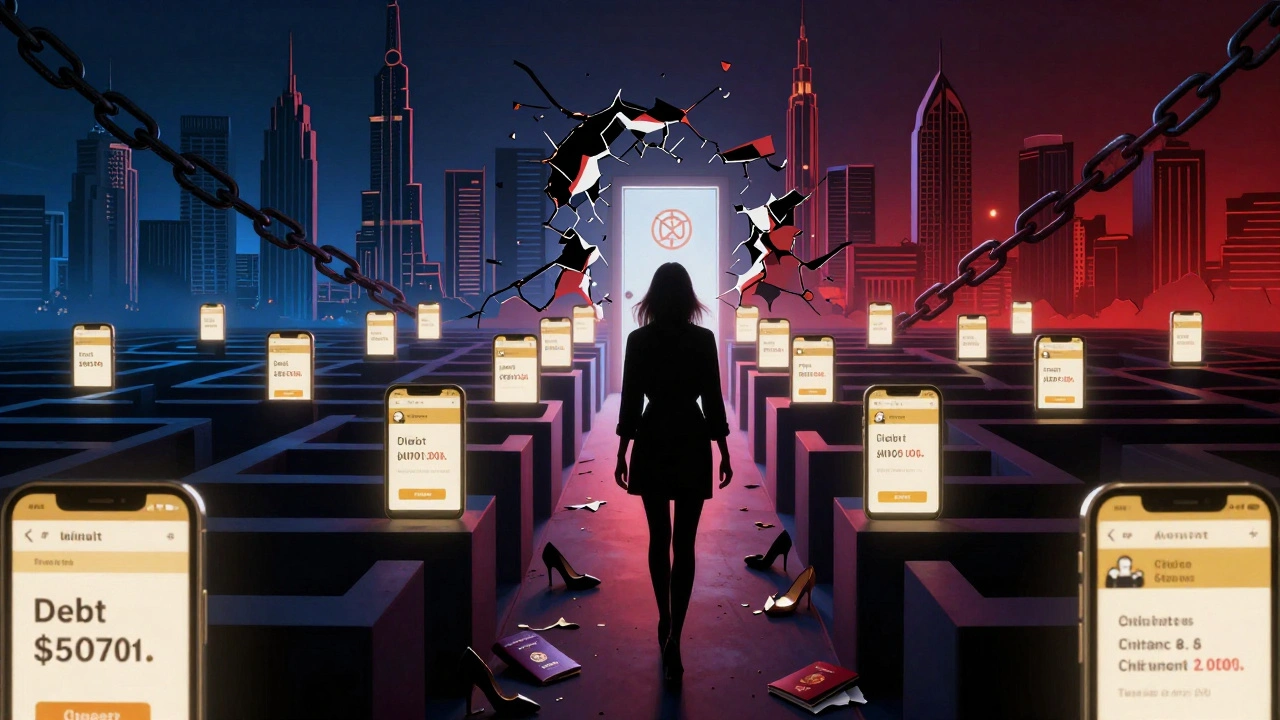 A silhouette walking from a maze of glowing job ads and debt screens toward a glowing door of hope.