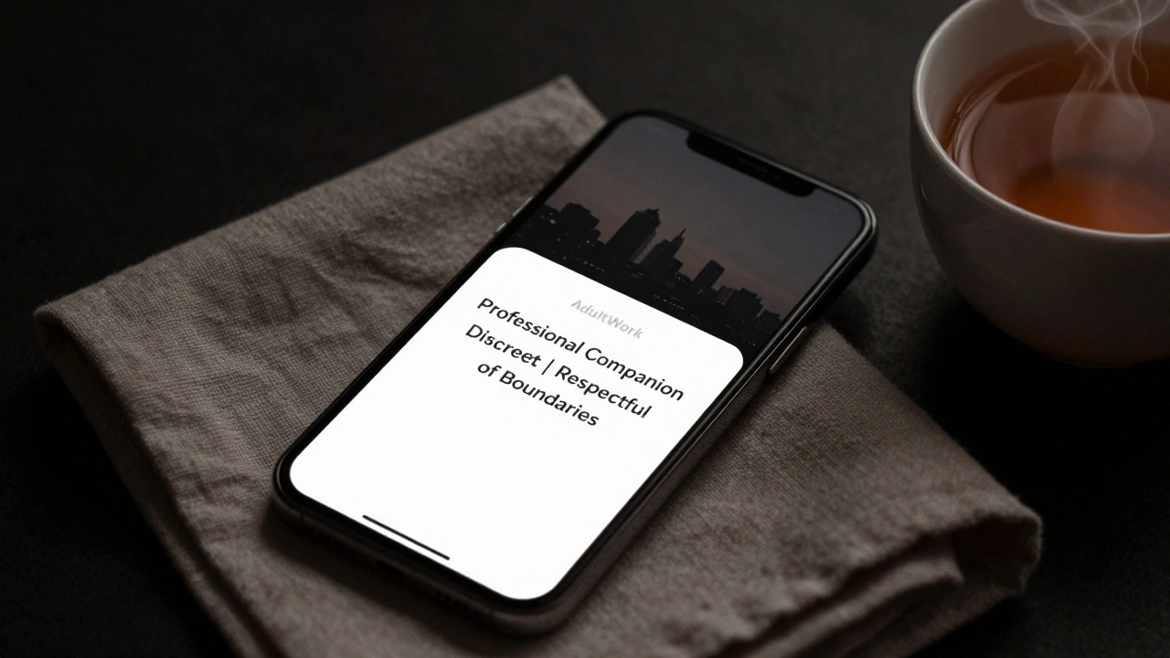 A smartphone screen displaying a clean AdultWork profile with neutral text, resting on a towel beside a cup of tea in a dark room.