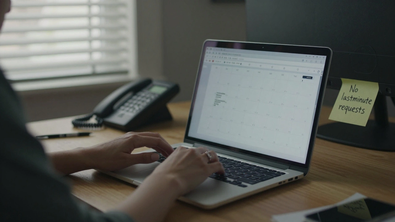 A woman types on a laptop in a home office, safety notes and booked appointments visible on desk.