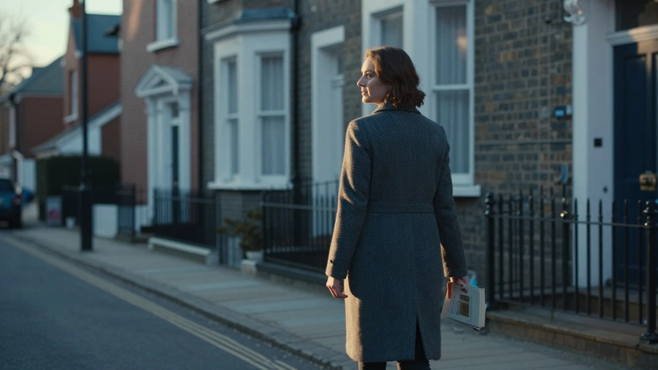 A woman walking away at dawn holding a book, symbolizing dignity, autonomy, and quiet self-respect after a client meeting.