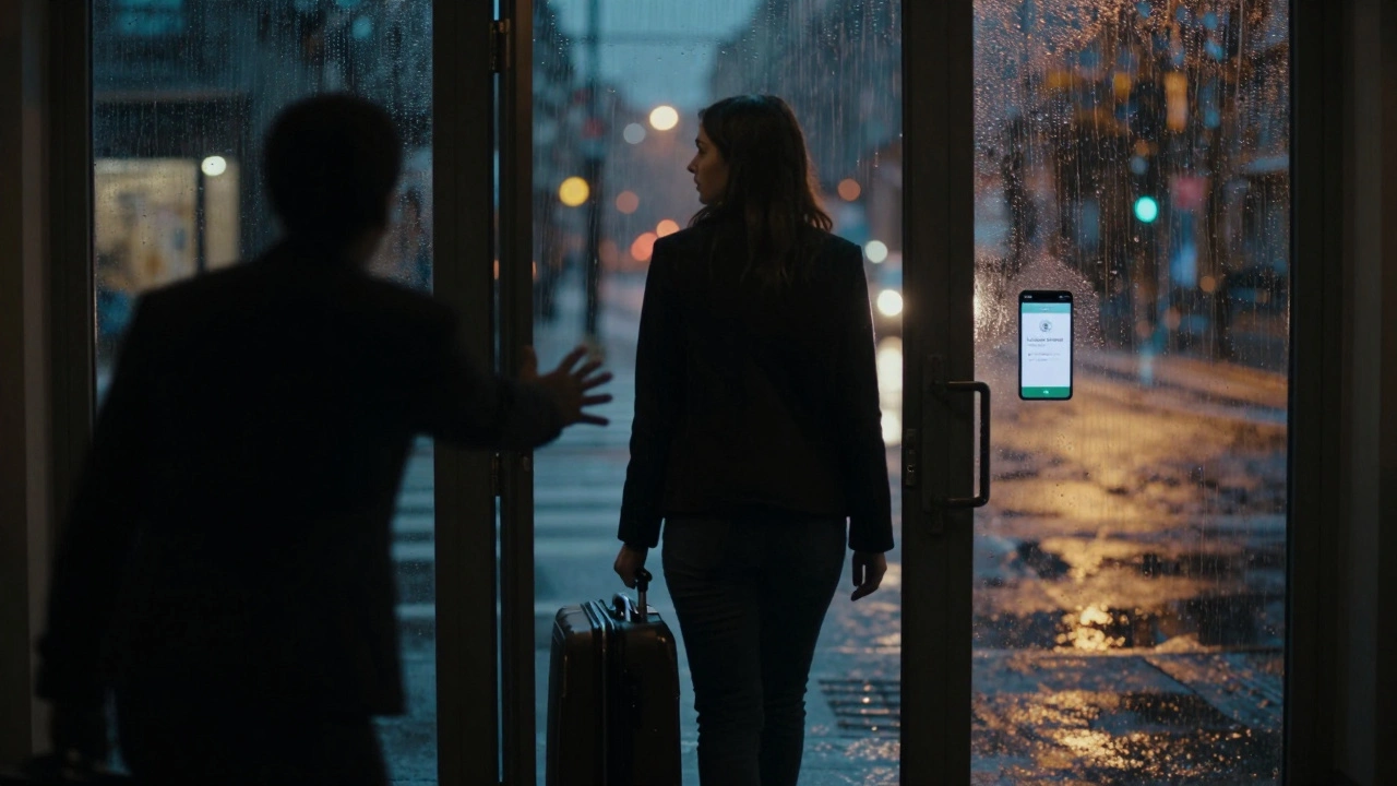 A woman walking away from a doorway as a shadowy figure reaches out, rain streaking the glass.