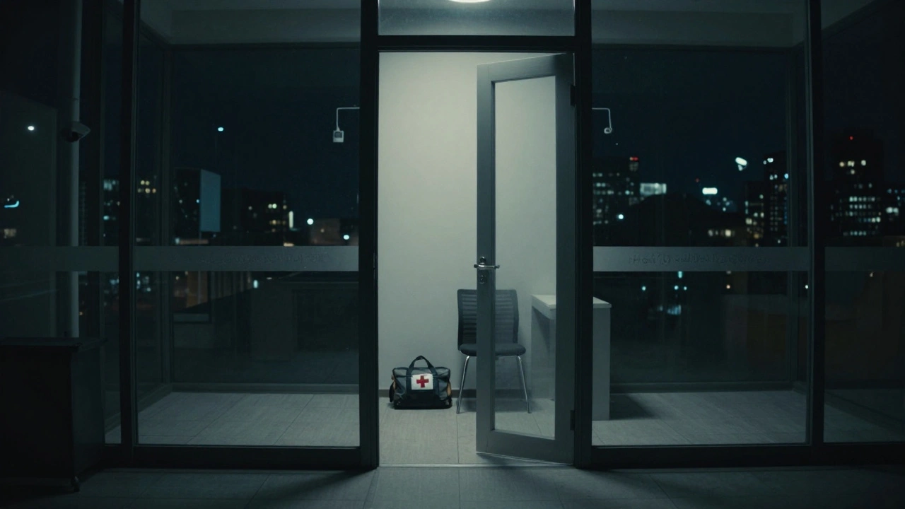 An empty co-working space at night with a private room open, suggesting unseen safety measures.