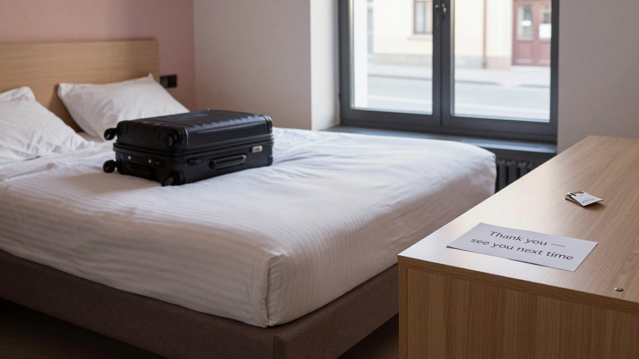 An empty hotel room in Munich at dawn, with a keycard and a thank-you note on the nightstand, windows showing a quiet street.
