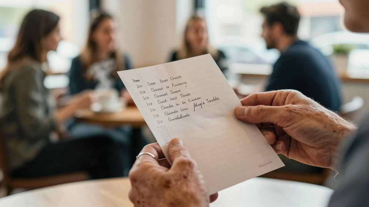 Close-up of hands holding handwritten notes from adult work sessions, blurred café background.