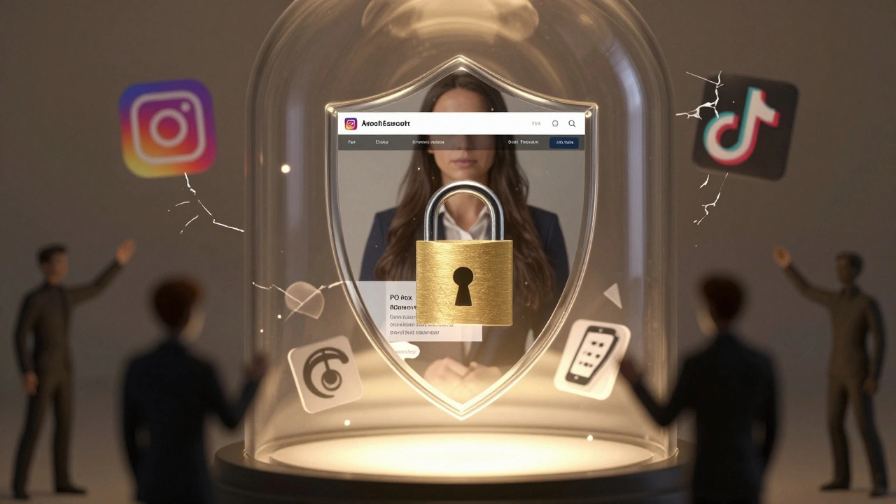 Digital privacy shield protecting a professional escort website from external social media threats.