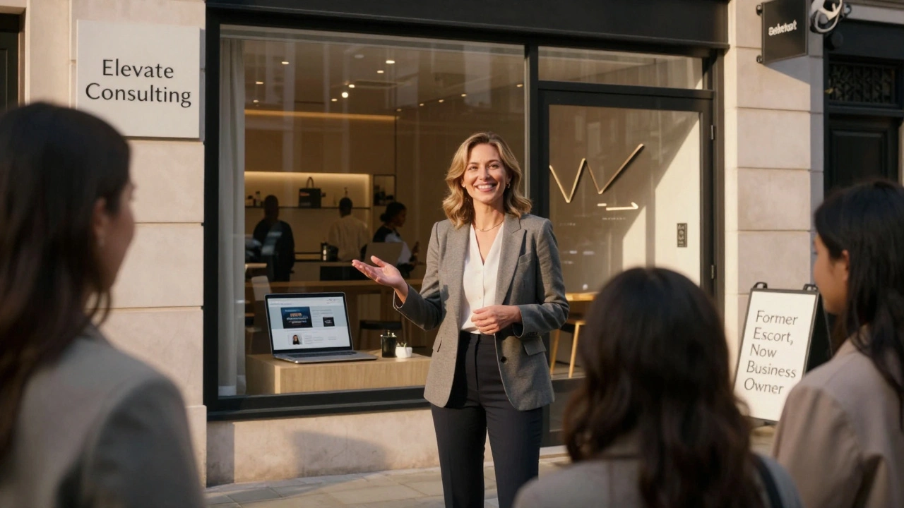 Former escort turned business owner speaking to a group of women outside her consulting office.