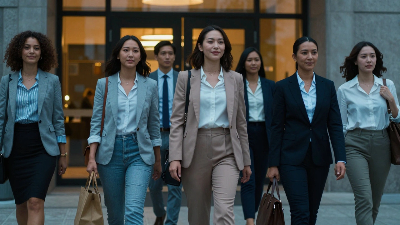 Group of confident escorts leaving a professional building at dusk, city lights in background