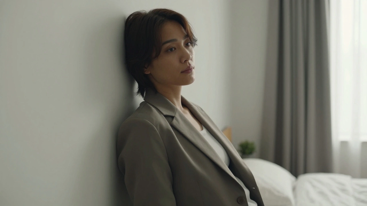 Half-body portrait in a fitted blazer, relaxed posture against a tidy wall.